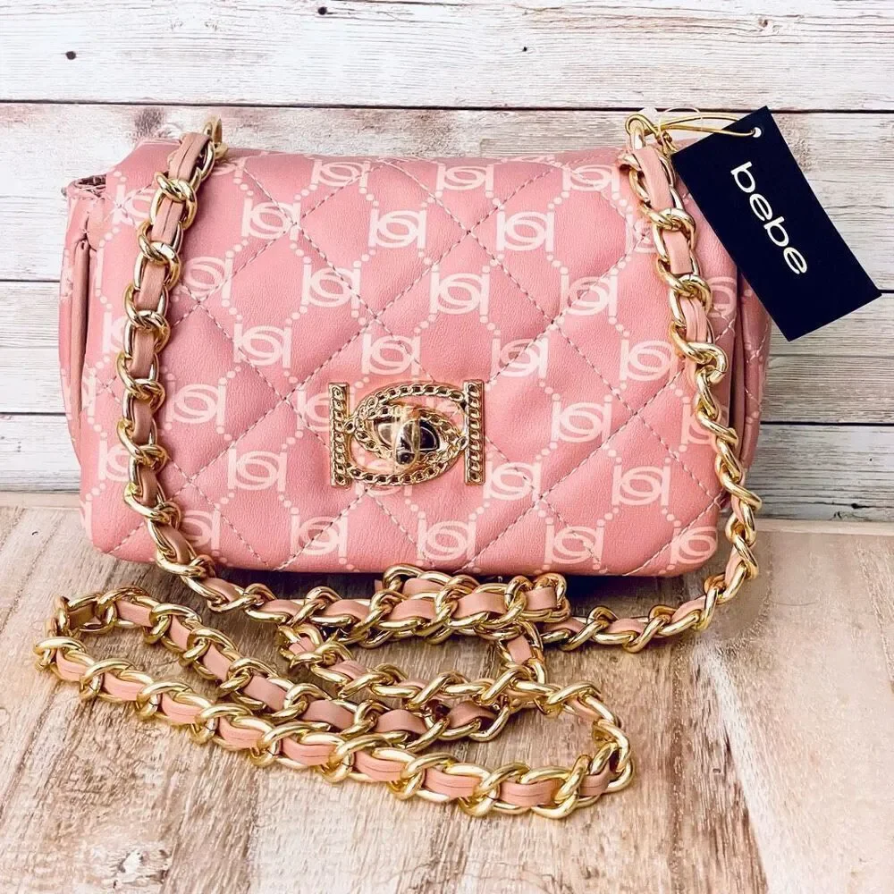 NWT BEBE Gorgeous Pink logo Liv Signature quilted gold chain Crossbody bag